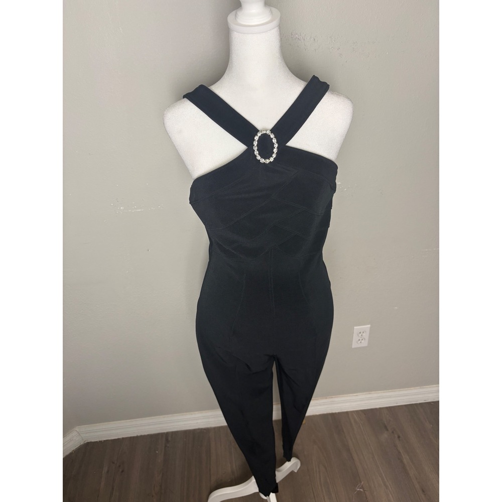VTG 80s Lillie Rubin Black Stirrup Catsuit Rhinestone Halter Jumpsuit Bombshell - Picture 3 of 11